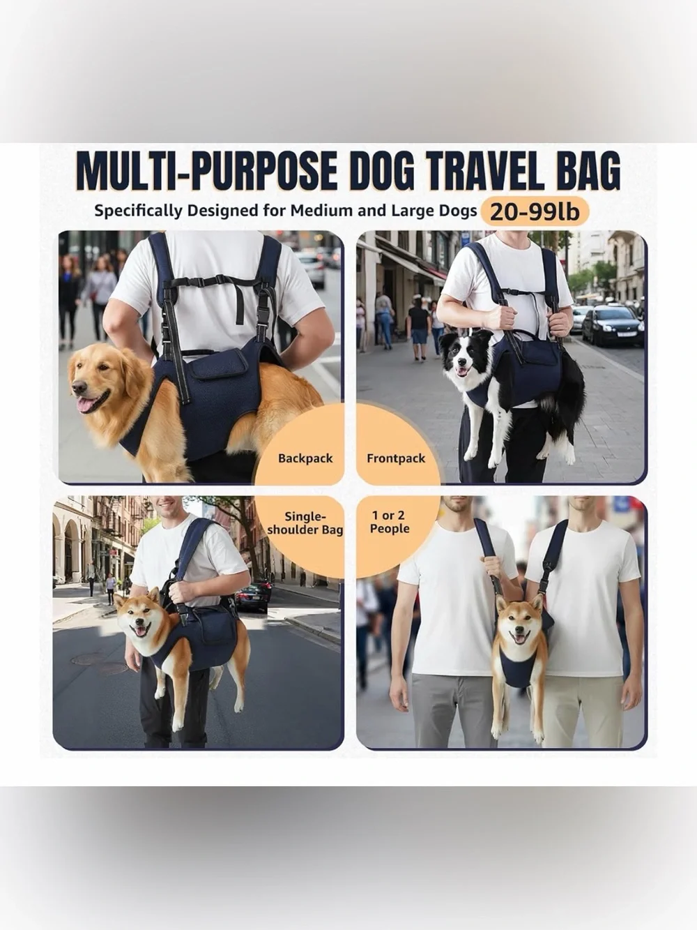 Dog Lift Harness, Navy, XL (35-55 lbs), Full Body Sling Carrier, Adjustable Stra